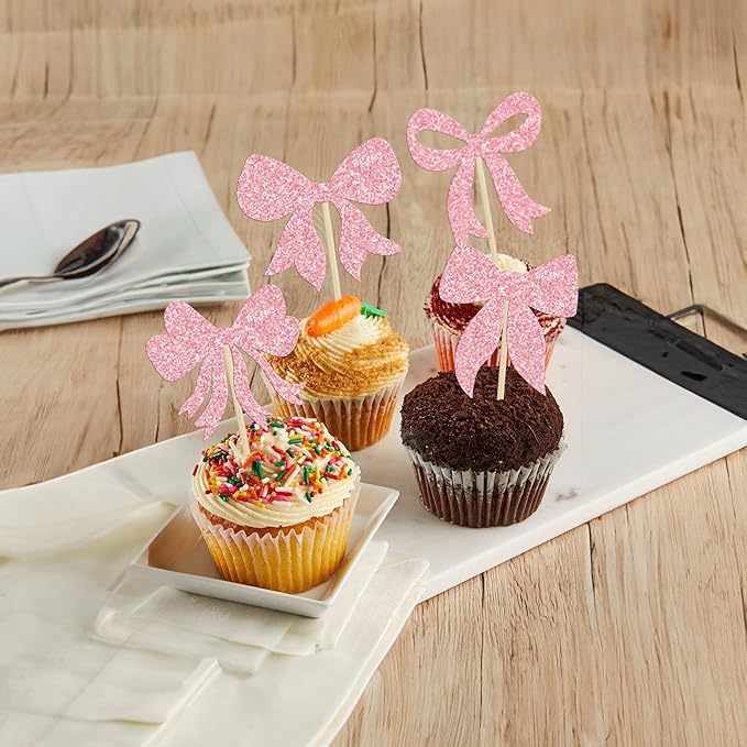 Gyufise 36Pcs Bow Cupcake Toppers Glitter Girls Birthday Decorations Bowknot - Image 5