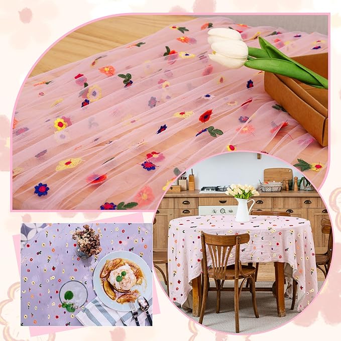 BINBE 3pcs Pink Daisy Fall Table Runner Embroidery Gauze 10FT Florals Seasonal - Image 7