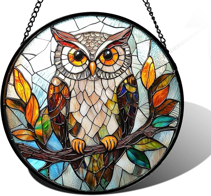 Stained Glass Window Hanging, Owl Colorful Leaves Birds Sun Catchers Diamond by DASTOLL