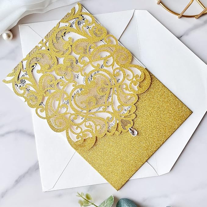 Hosmsua 5.12 x 7.3 50pcs Personalized Gold Laser Cut Flora Wedding Invitation - Image 7