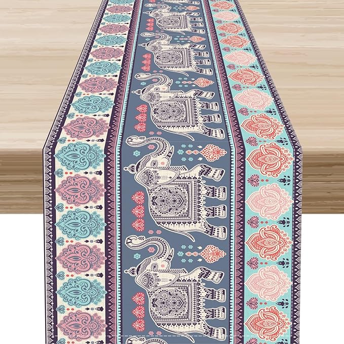 Boho Table Runner, Indian Bohemian Elephant Mandala Paisley Floral Hippie Art by Unknown