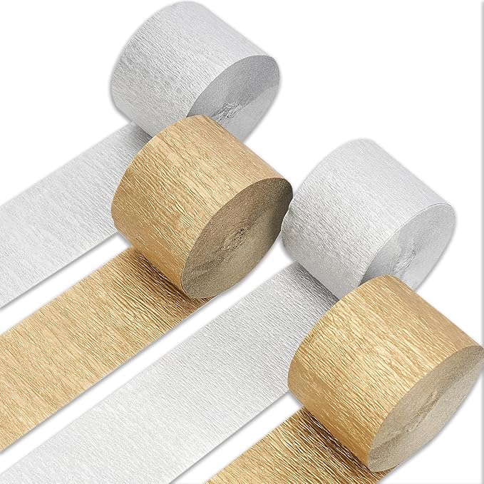 PartyWoo Metallic Gold and Silver Crepe Paper Streamers 4pcs 328ft Pack of by PartyWoo