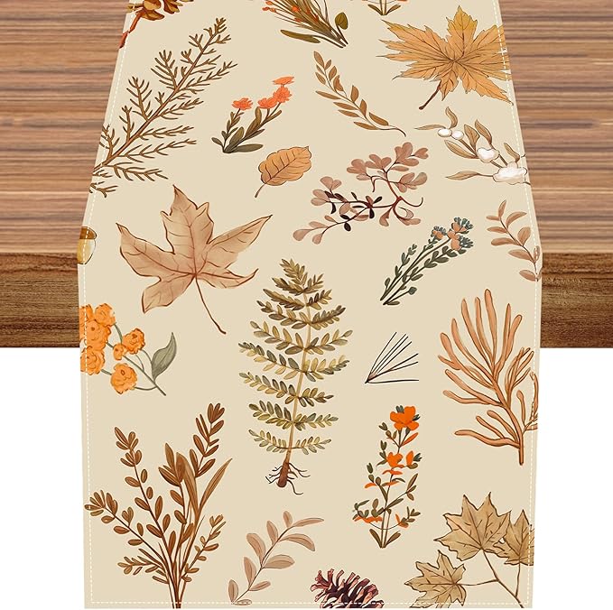 Grey Wildflower Leaves Floral Fall Table Runner, Seasonal Autumn Harvest by Unknown