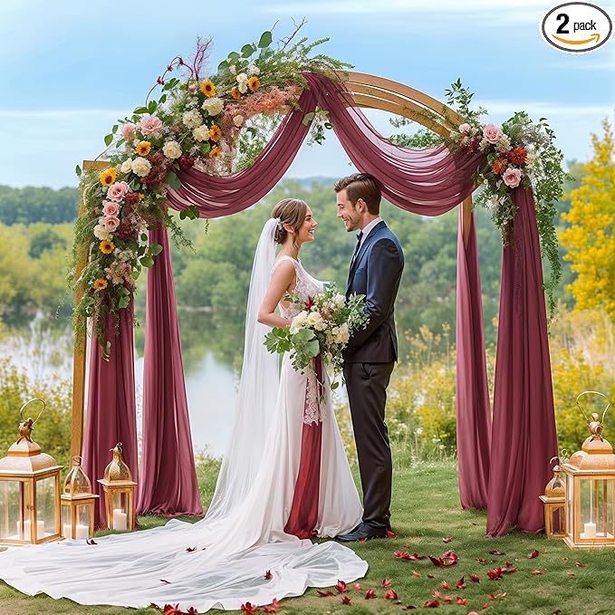 2 Panels Wedding Arch Draping Fabric Burgundy Sheer Backdrop Curtain Arch Drape by Besutolife