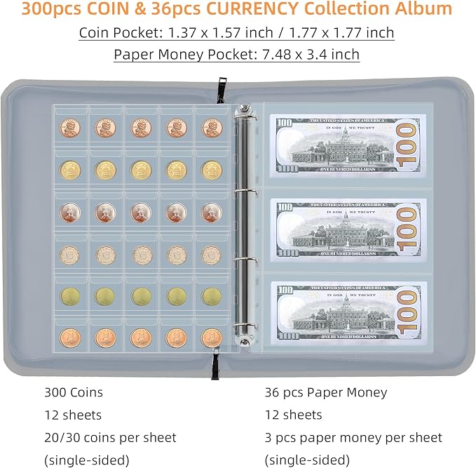 Coin Collection Book Holder for Collectors, 300 Pockets Fireproof Coins - Image 3