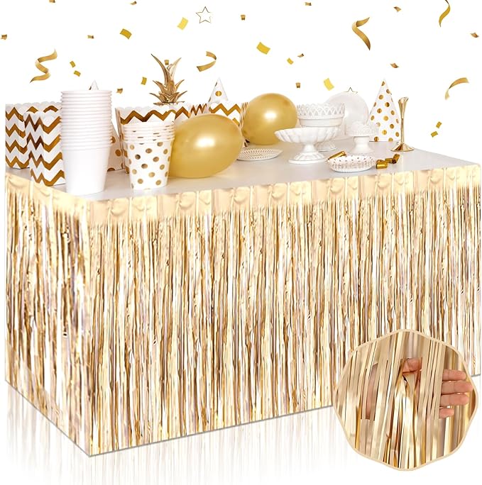 3 Pack 29 x108 Inch Champagne Gold Foil Fringe Table Skirts Metallic Banner by Mebiornt