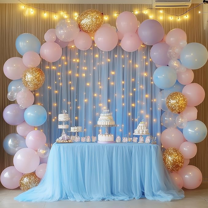 Tulle Backdrop Curtain with Lights String 10FT X 10FT Baby Blue Sheer Tulle - Image 2
