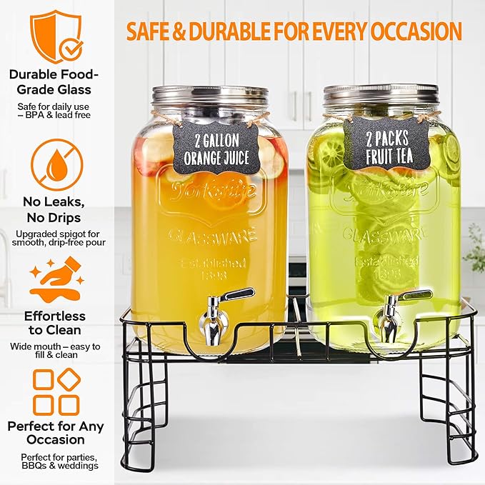 2 Gallon Glass Drink Dispenser for Parties, 2 Pack Beverage Dispenser - Image 3