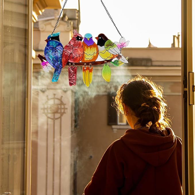 Stained Glass Window Hanging, Birds on A Branch Stain Glass Suncatcher - Image 3