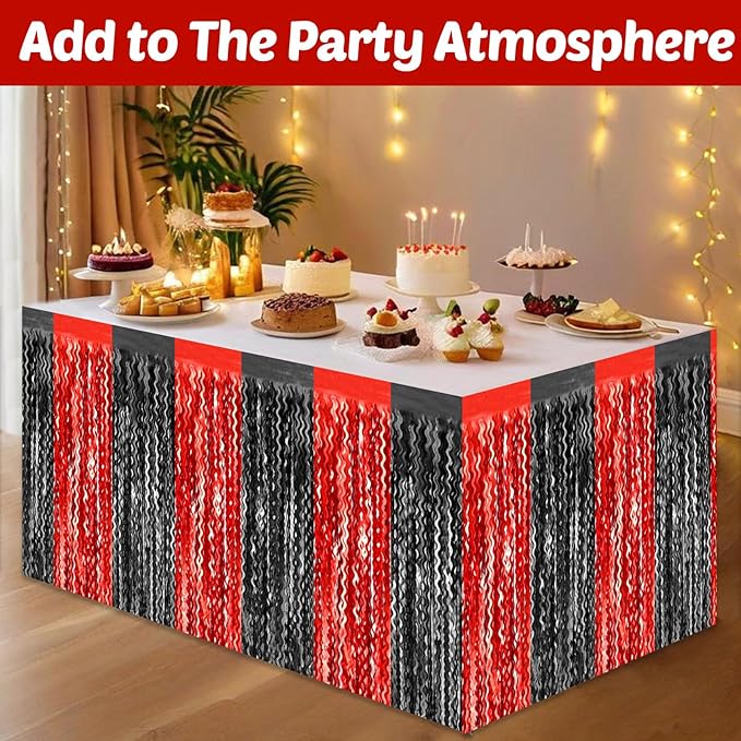 6 Pack 29x108 Inch Black Red Wave Foil Fringe Table Skirts Metallic Banner - Image 4