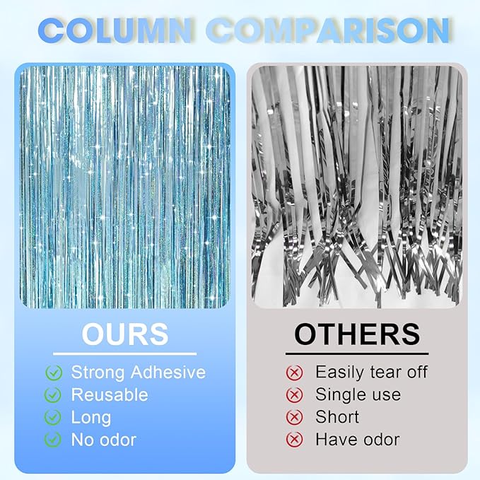 3 Pack 3.3 x 8.2 ft Laser Blue Foil Fringe Backdrop Curtains, Tinsel Streamers - Image 3