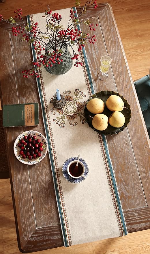 patdrea Designer Beige Farmhouse Geometric Patterned Linen Table Runner 87 Inch - Image 7