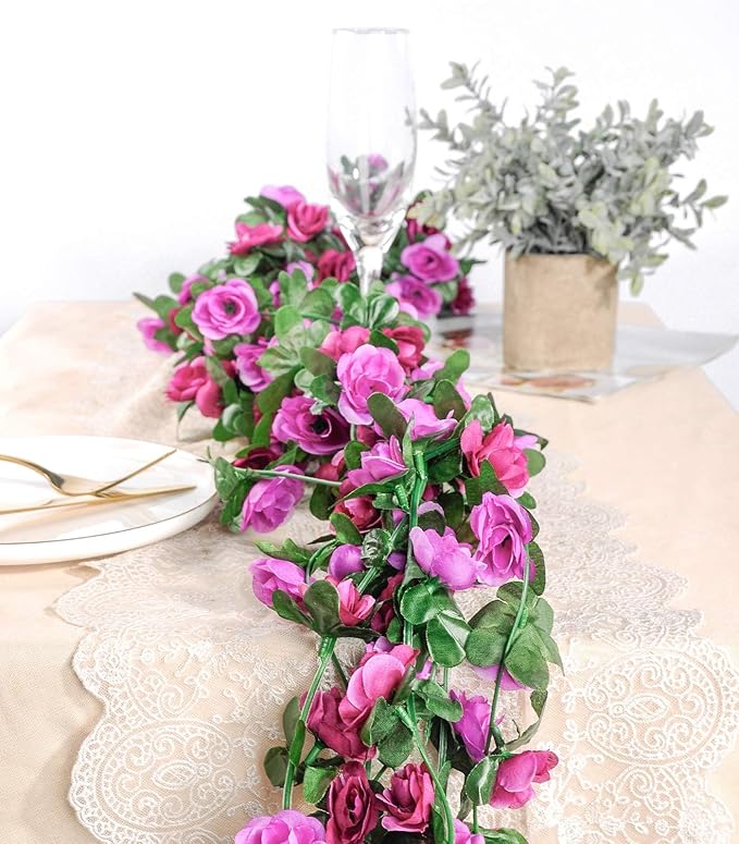 Miracliy 9Pcs 74FT Purple Flower Garland Artificial Rose Arch Vines Fake Spring - Image 4