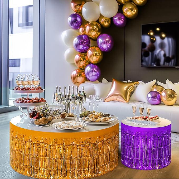 2 Pack Dark Purple Orange Table Skirts, 29x108" Metallic Foil Tinsel Fringe - Image 9