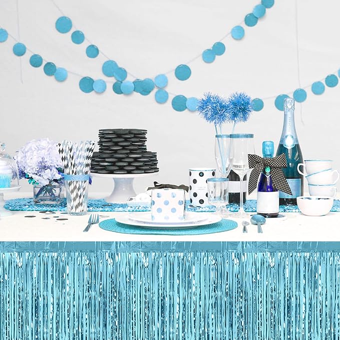 3 Pack 29x108 Inch Light Blue Foil Fringe Table Skirts Metallic Banner - Image 4