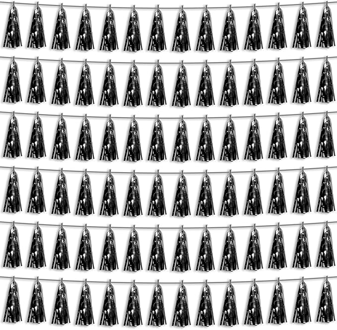 6P Black Foil Fringe Metallic Tassel Streamers Banner Tassel Garland by HYSILLA