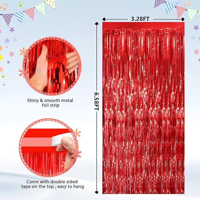 2Pack Red Foil Fringe Curtain, Glitter Red Metallic Tinsel Foil Fringe Curtains - Image 4