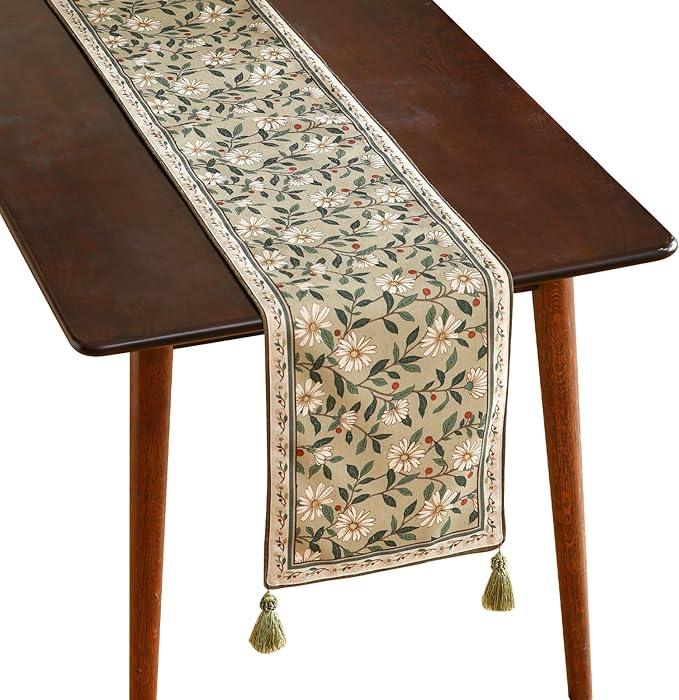 ISAENNE Designer Green Elegant Linen Extra Long Table Runner 118 Inches by Isaennehomedecoration