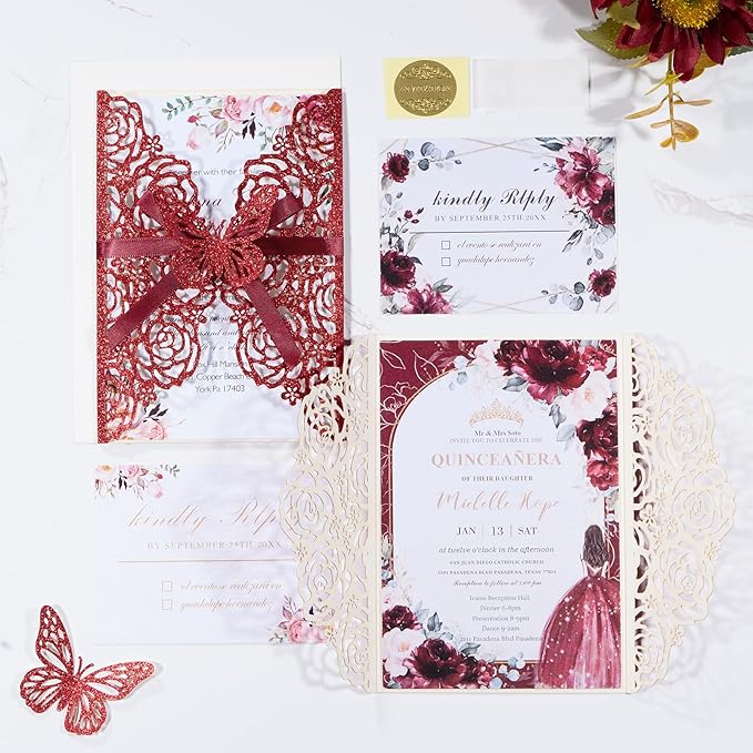 50pcs Burgundy Glitter Wedding Invitation Butterfly Rose Laser Cut Invitation - Image 7