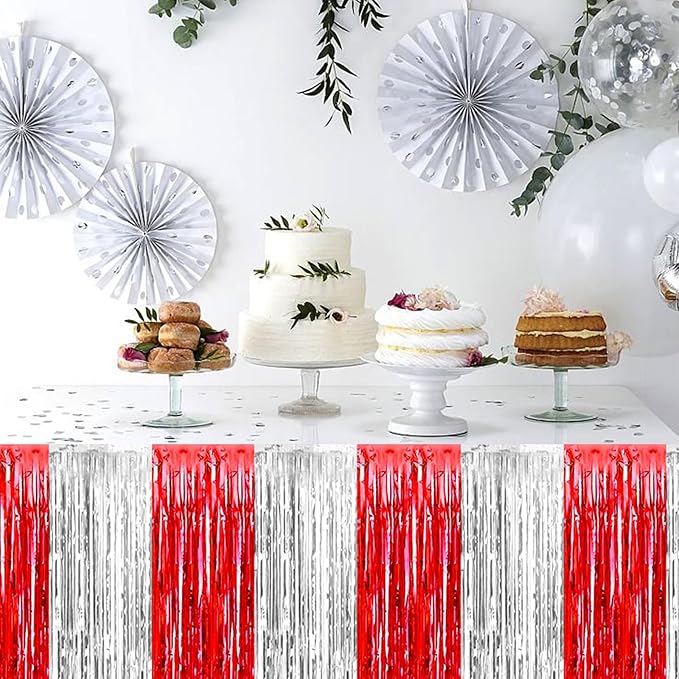 3 Pack 29 x108 Inch Red Silver Foil Fringe Table Skirts Metallic Banner - Image 4