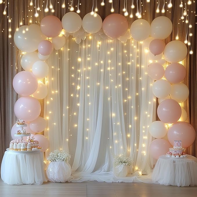 Tulle Backdrop Curtain with Lights String 10FT X 10FT Ivory Sheer Tulle - Image 5