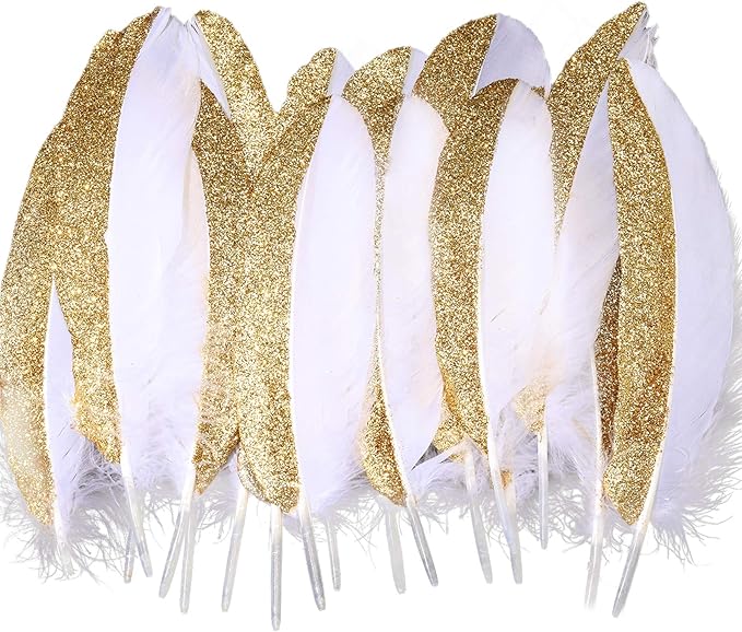 BABEYOND 42 Pcs 1920s Gatsby Gold Dipped Feather Natural Décor Glitter Feather by BABEYOND