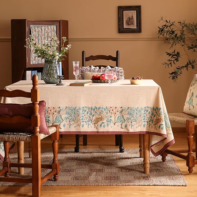 patdrea Designer Beige Rectangle Tablecloth, Vintage French Linen Trees Pattern - Image 2