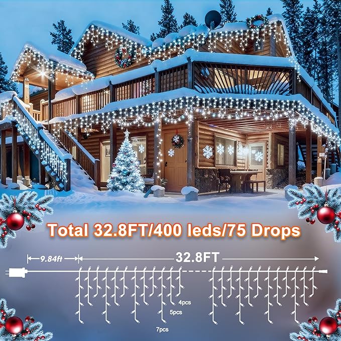KNONEW Christmas Lights Outdoor Decorations 400 LED 33ft 8 Modes Curtain Fairy - Image 2