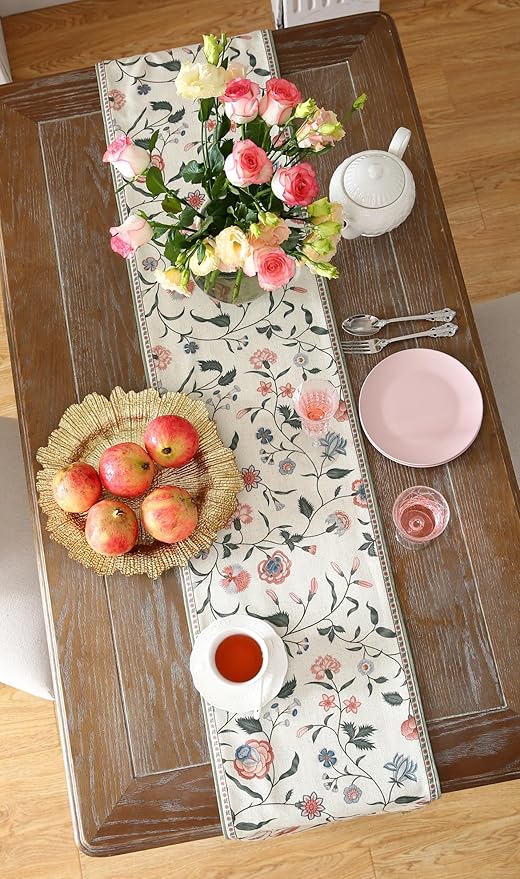 ISAENNE Designer Chinoiserie Elegant Linen Floral Table Runner 87 Inches Long - Image 6