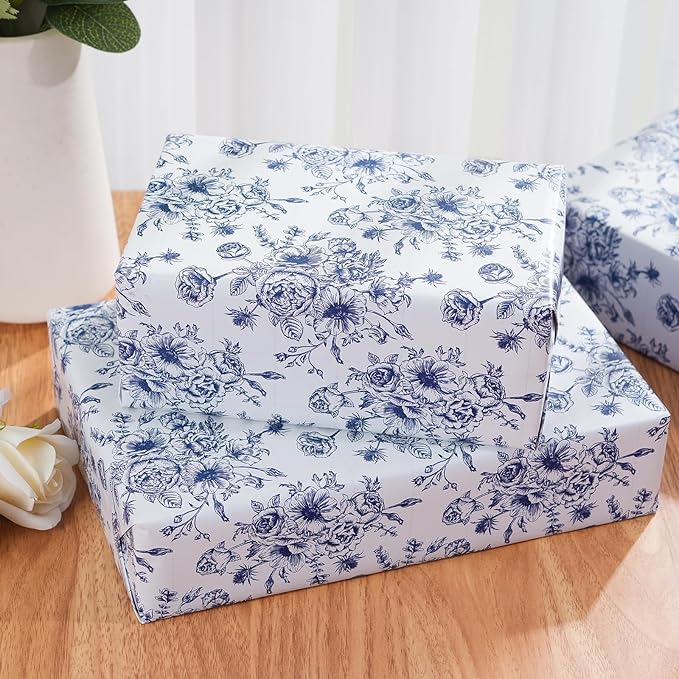 Ulmasinn Blue Floral Wrapping Paper Roll - Image 7