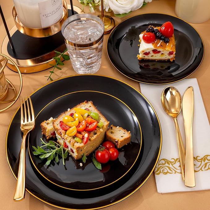 Supernal 350pcs Black & Gold Plastic Dinnerware Set, Elegant Black Plates - Image 6