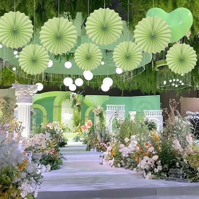 Green Hanging Paper Fans, 30 Color, DIY Set, Light Green, Military Theme - Image 5