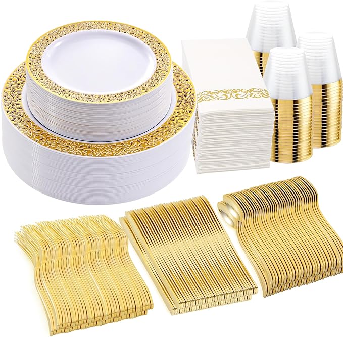WELLIFE 210Pcs Gold Plastic Dinnerware by WELLIFE