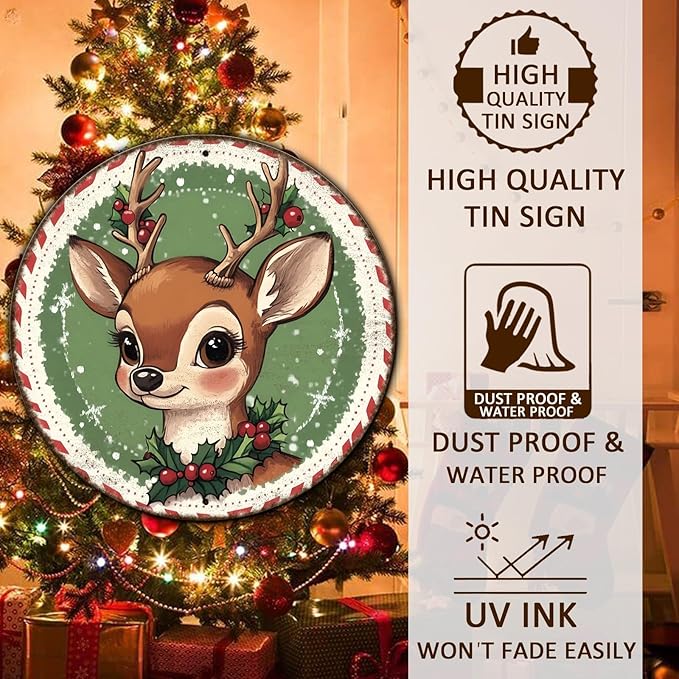 Round Retro Reindeer Metal Tin Sign - Image 4