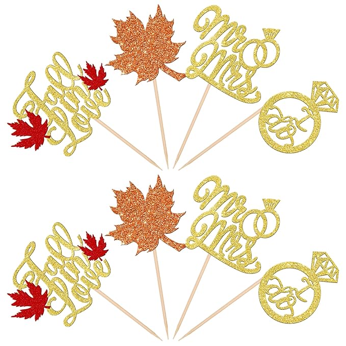 24 PCS Fall in Love Cupcake Toppers Glitter Maple Leaf Cupcake Picks Mr & Mrs - Image 3
