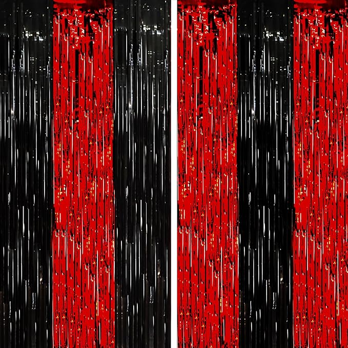 2 Pack Red and Black Tinsel Foil Fringe Curtains, Metallic Tinsel Party by Voircoloria