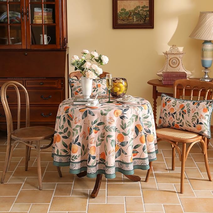 patdrea Designer Linen Round Table Cloth, Vintage Framhouse Oranges and Leaves - Image 2