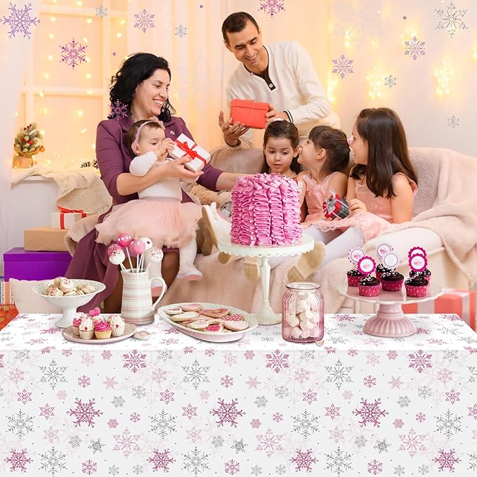 3 Pcs Christmas Snowflake Party Tablecloths Decorations, Plastic Pink Winter - Image 9