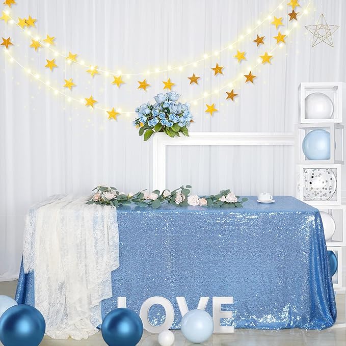 SquarePie Sequin Tablecloth 90 x 132 Inch Baby Blue Sparkly Table Linen - Image 4