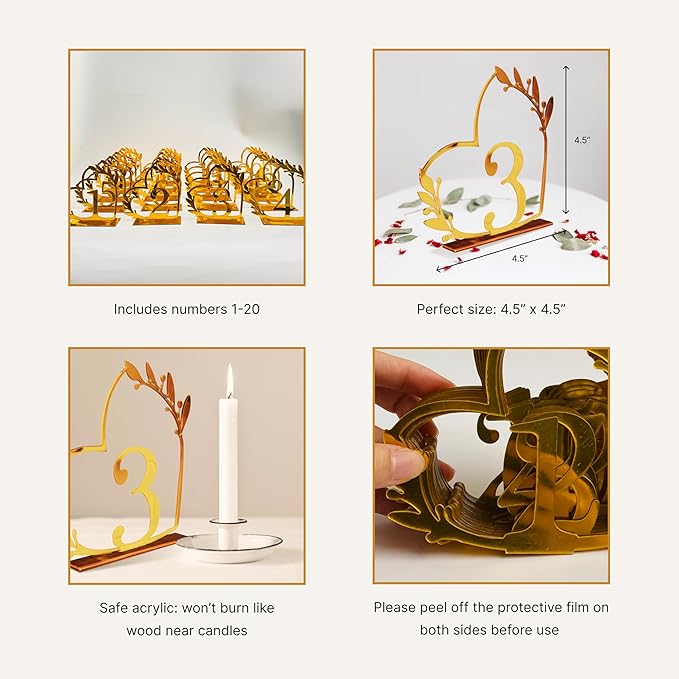 Gold Acrylic Heart-Shaped Table Numbers 1-20 - Image 2
