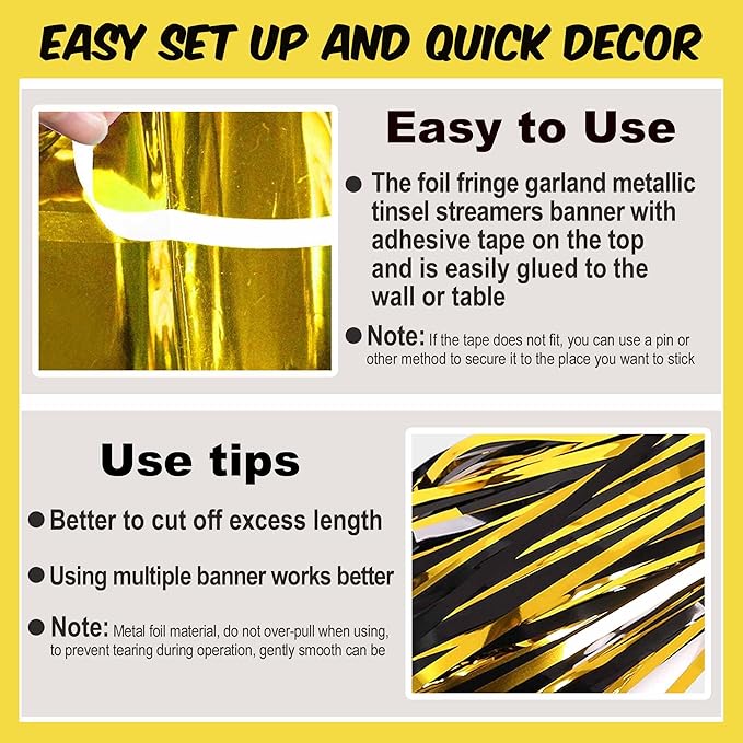 4 Pack 10 Ft Black and Gold Foil Fringe Garland Metallic Streamers Tinsel - Image 3