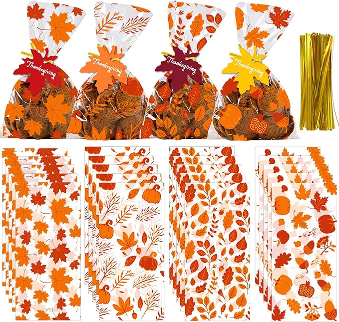 YUJUN 120 PCS Fall Cellophane Treat Bags, Maple Leaves Gift Goodie Candy Autumn by YUJUN