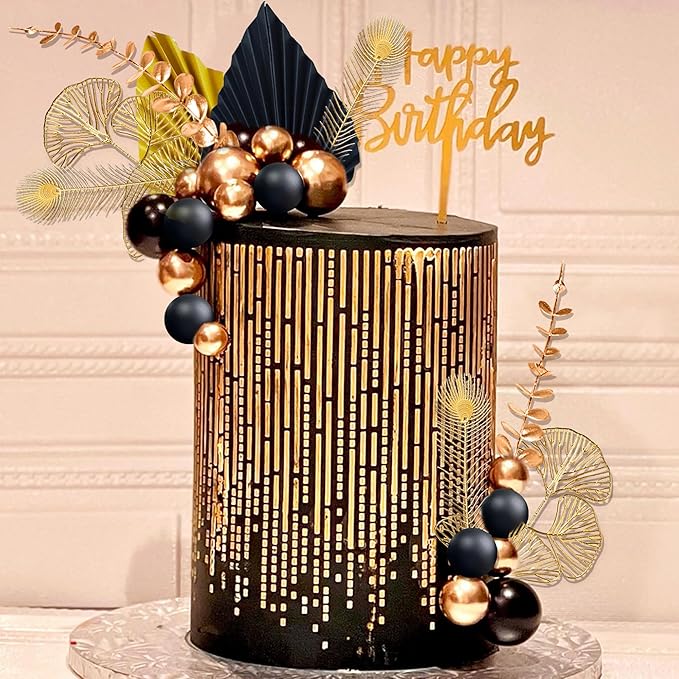 Boho Cake Topper Black Gold Balls Cake Topper Gold Leaves Cake Decorations Prom - Image 4