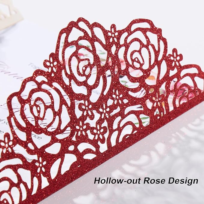 50pcs Burgundy Glitter Wedding Invitation Butterfly Rose Laser Cut Invitation - Image 5