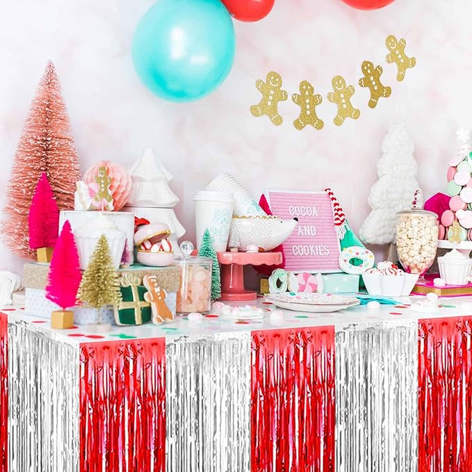 3 Pack Red and Silver Foil Fringe Table Skirts Metallic Tinsel Streamers - Image 6