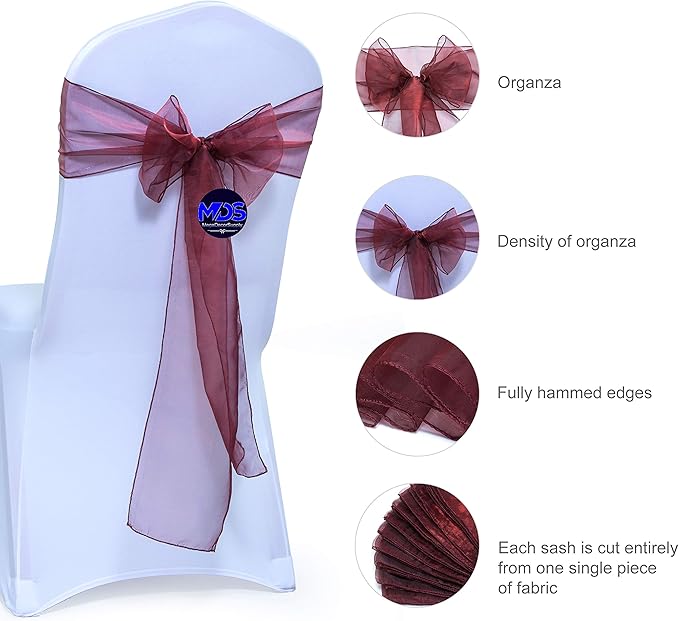 MDS Pack of 100 PCS Organza Chair Sashes Wider Dining Chair Bows Ribbon Tie Back - Image 2