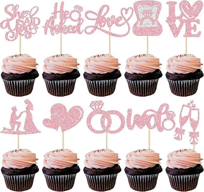 Ephlyn 30Pcs He Asked She Said Yes Cupcake Toppers Glitter Engagement Cupcake by Ephlyn