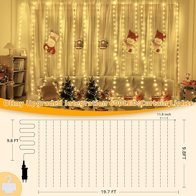 Ollny Curtain Lights 600LED 19.7ft x 9.8ft, IP67 Waterproof Outdoor Curtain - Image 2