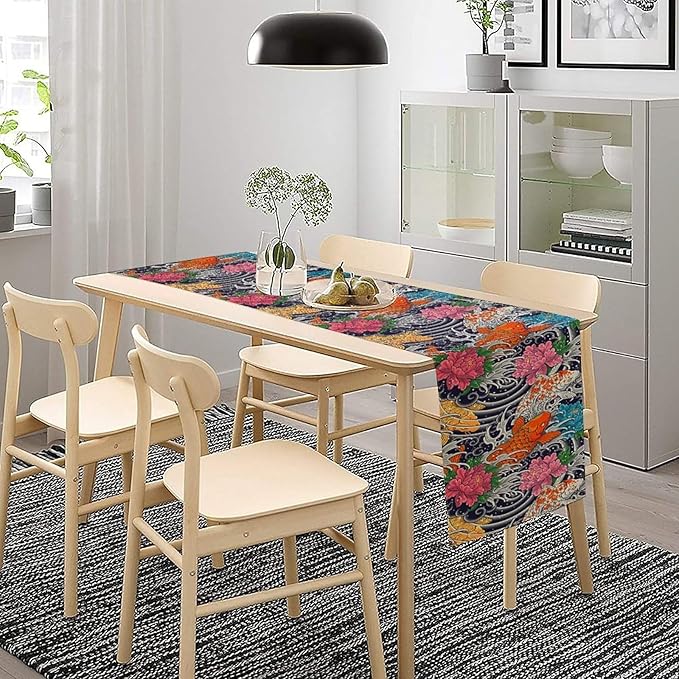 Japanese Retro Flowers Table Runner Oriental Tradition Kio Fish Art Printed - Image 6
