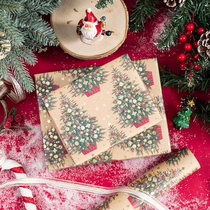 RUSPEPA Kraft Christmas Wrapping Paper Roll, Mini Roll, Elegent Kraft Gift Wrap - Image 3